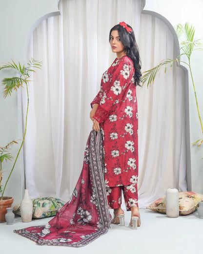 Crimson Charm 3 Piece Printed Stitched Suit