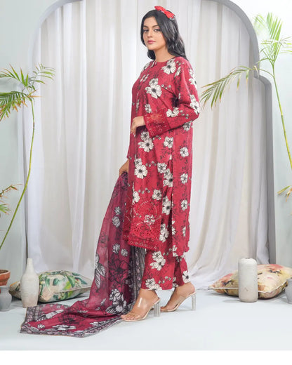 Crimson Charm 3 Piece Printed Stitched Suit
