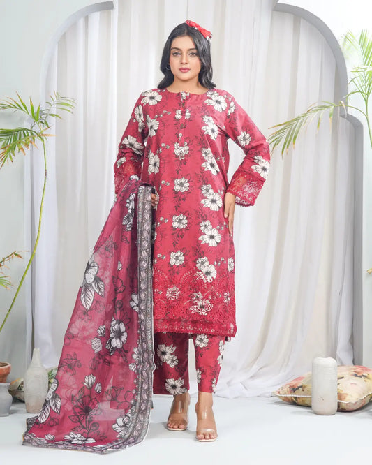 Crimson Charm 3 Piece Printed Stitched Suit