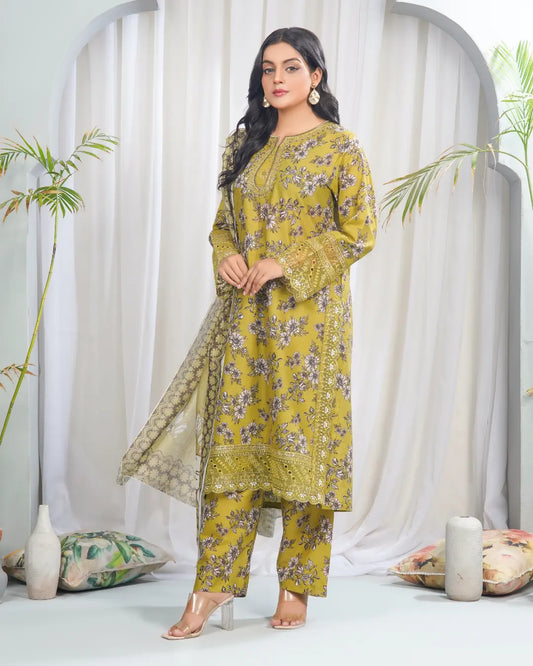 Golden Bloom Elegance 3 Piece Stitched Printed Suit