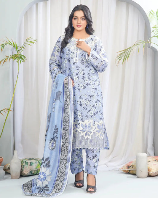 Sky Blossom 3 Piece Printed Stitched Suit