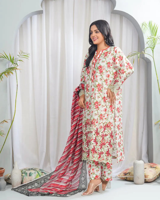 Floral Bloom 3 Piece Printed Stitched Suit