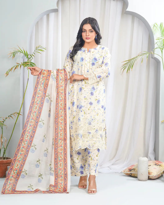 Ivory Bloom Serenity 3 Piece Stitched Printed Suit