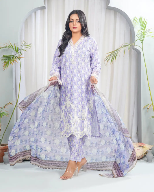 Lavender Grace 3 Piece Printed Stitched Suit