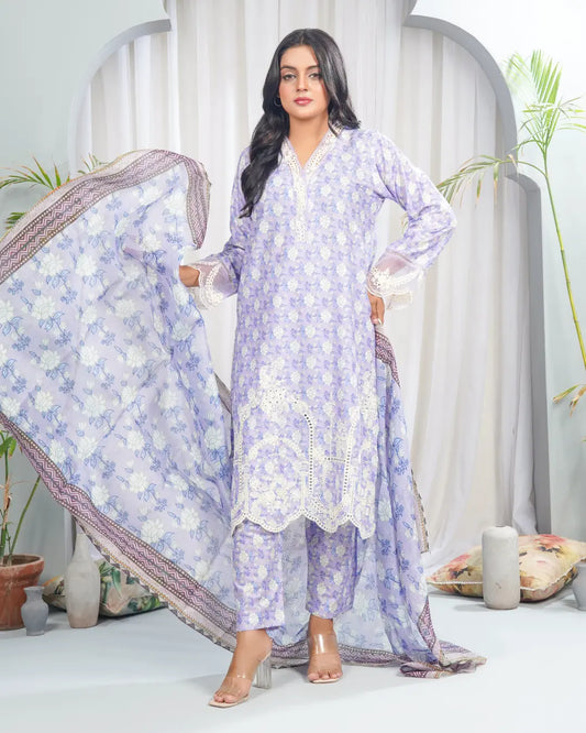 Lavender Grace 3 Piece Printed Stitched Suit