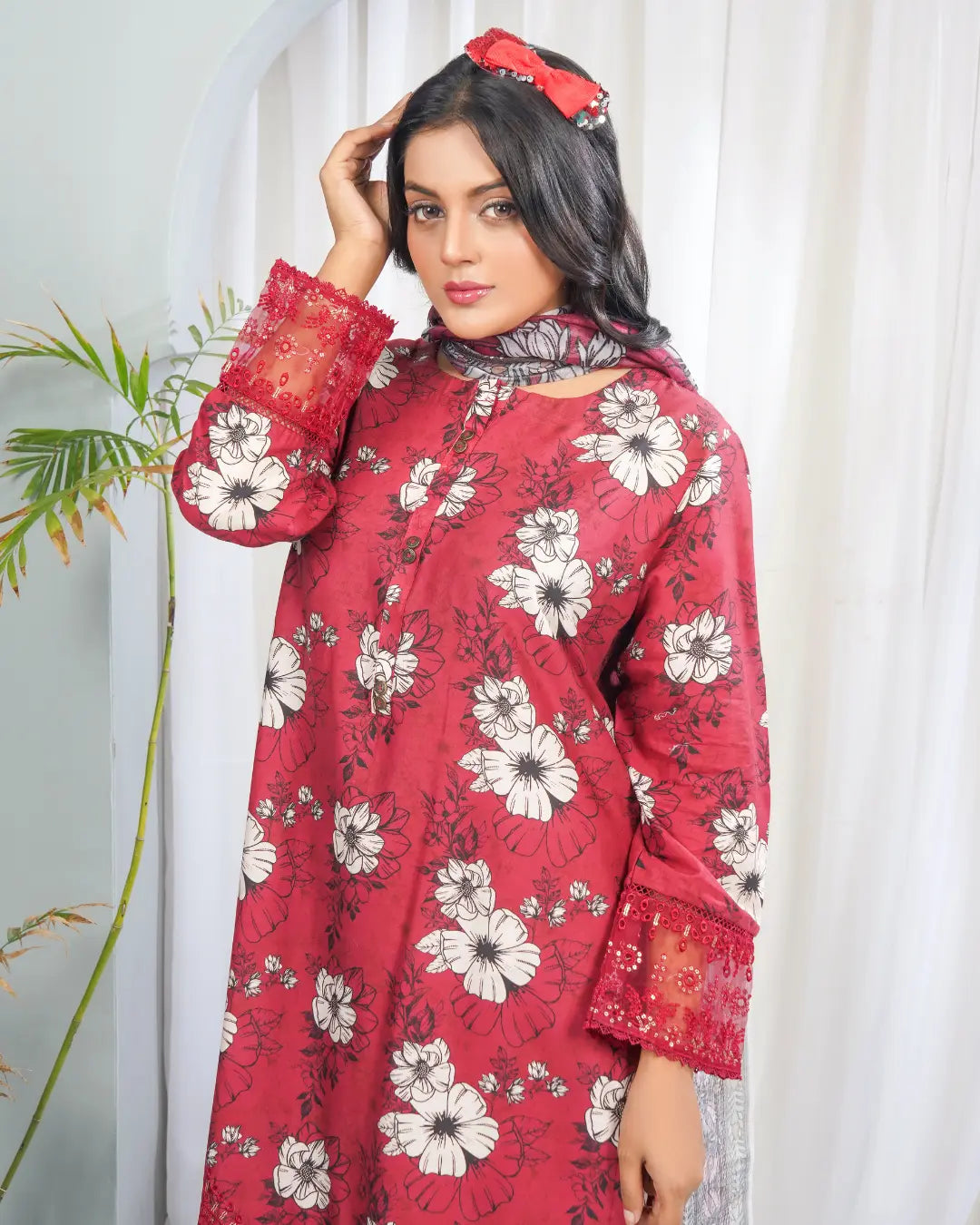 Crimson Charm 3 Piece Printed Stitched Suit