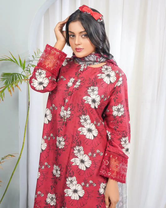 Crimson Charm 3 Piece Printed Stitched Suit