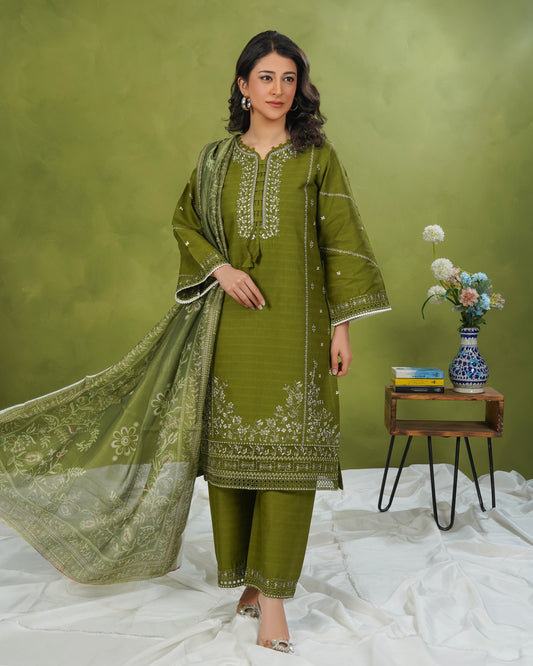 Olive Green 3 Piece Stitched Embroidered Suit