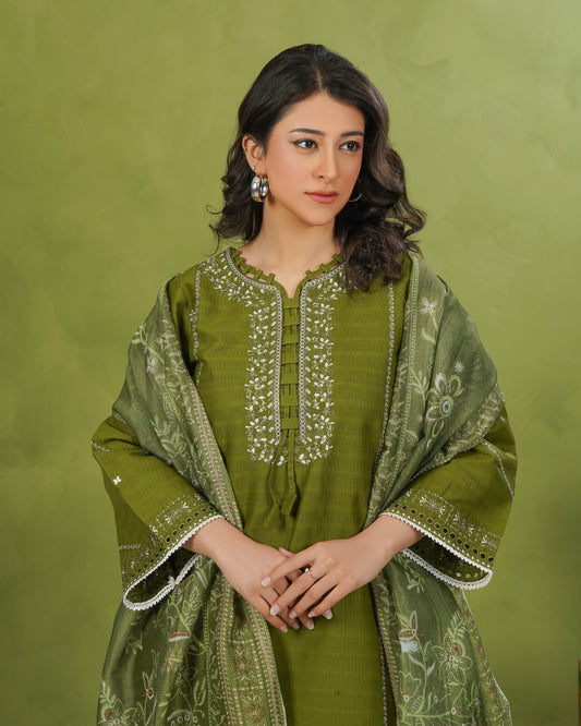 Olive Green 3 Piece Stitched Embroidered Suit